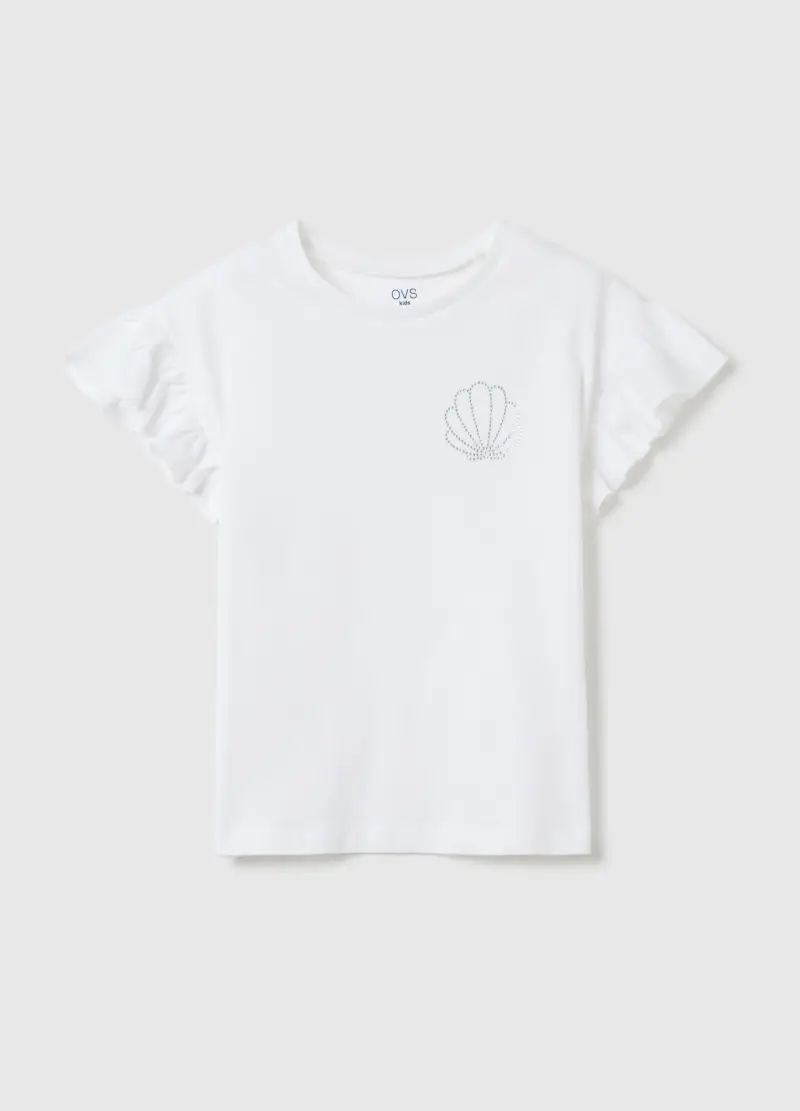 T-shirt Bianca In Cotone Con Strass, Bambina, Bianco