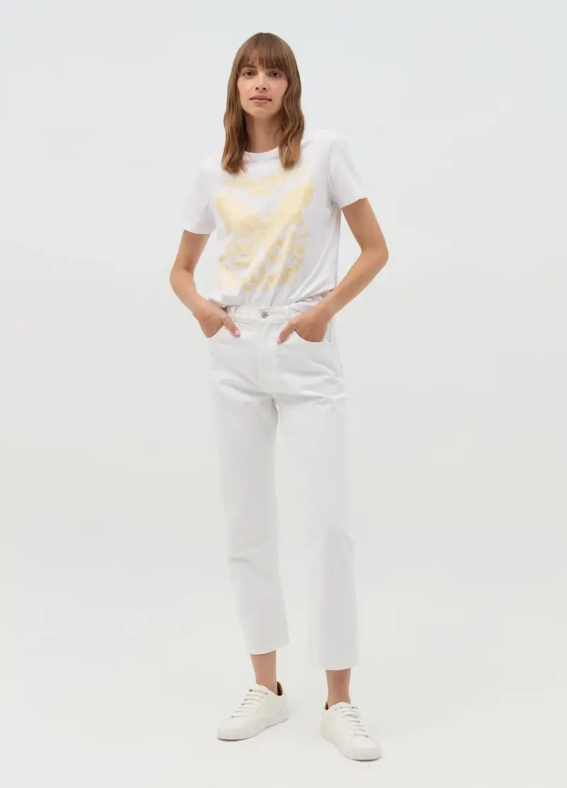 T-shirt Con Stampa Farfalle E Fiori, Donna, Bianco