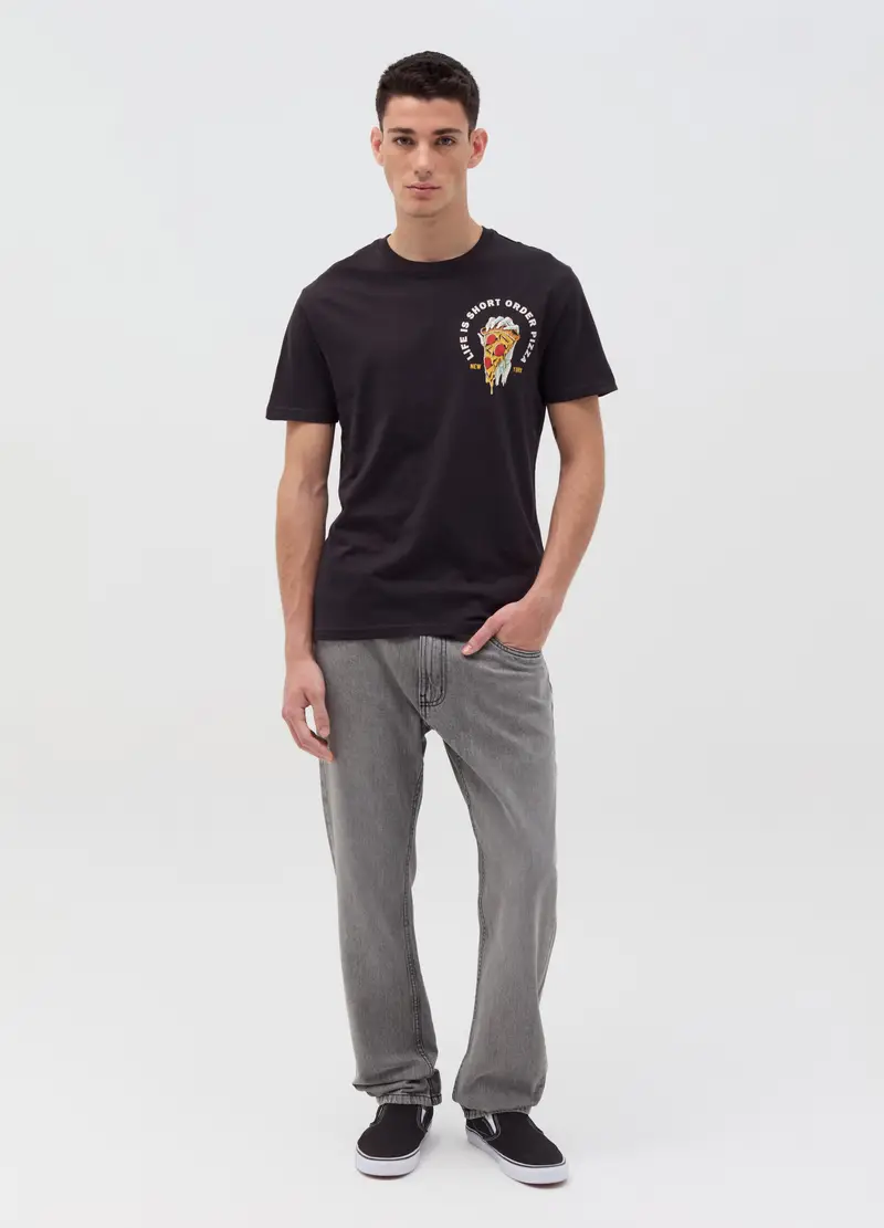 T-shirt Con Stampa "life Is Short Order Pizza", Uomo, Nero