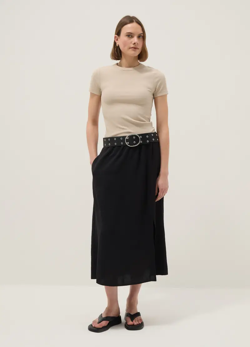 T-shirt Fitted A Maniche Corte In Cotone Elasticizzato Beige, Donna, Beige miniatura 2