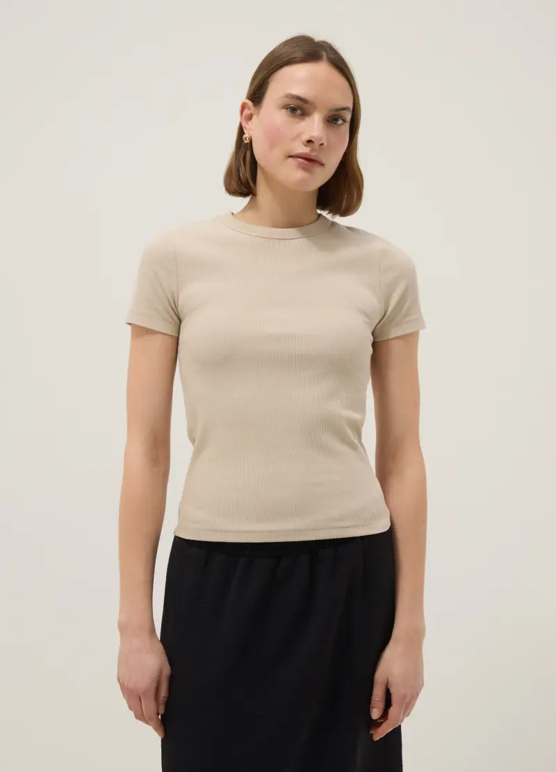 T-shirt Fitted A Maniche Corte In Cotone Elasticizzato Beige, Donna, Beige