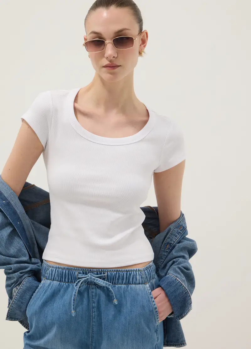 T-shirt Fitted A Maniche Corte In Cotone Elasticizzato Bianca, Donna, Bianco