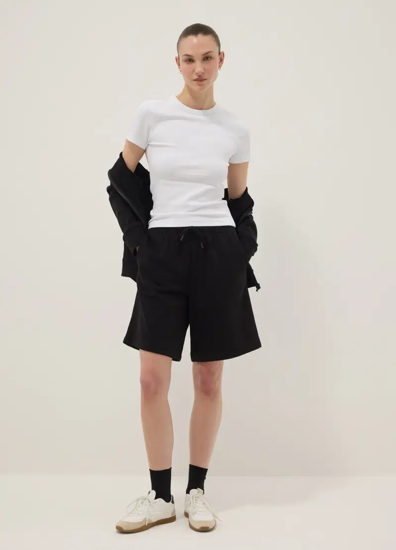 T-shirt Fitted A Maniche Corte In Cotone Elasticizzato Bianco, Donna, Bianco miniatura 2