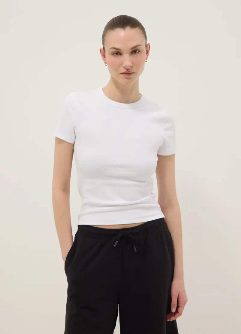 T-shirt Fitted A Maniche Corte In Cotone Elasticizzato Bianco, Donna, Bianco miniatura 3
