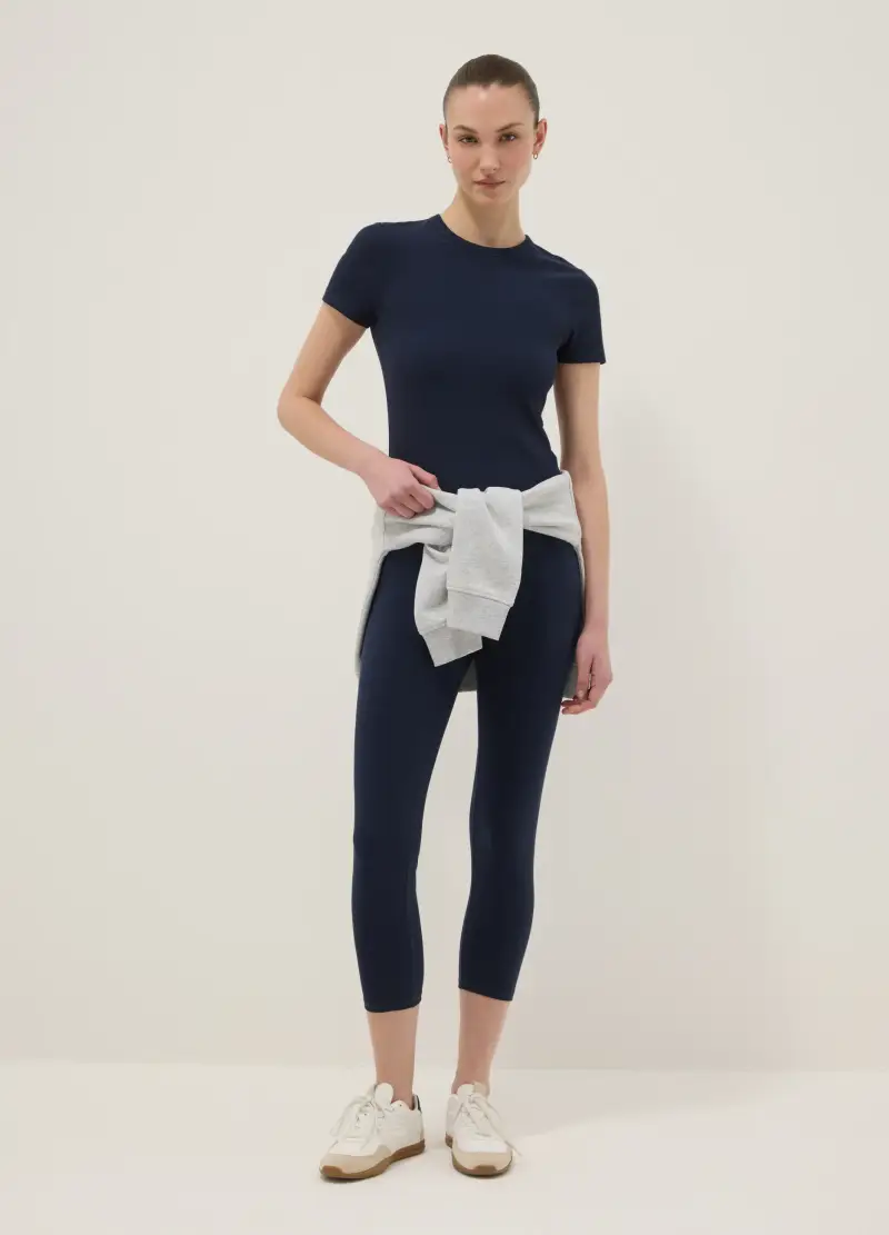 T-shirt Fitted A Maniche Corte In Cotone Elasticizzato Blu, Donna, Blu miniatura 3