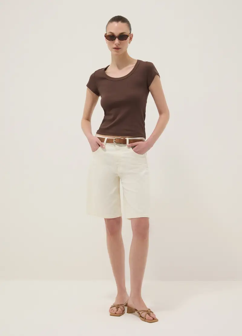 T-shirt Fitted A Maniche Corte In Cotone Elasticizzato Marrone, Donna, Marrone miniatura 2