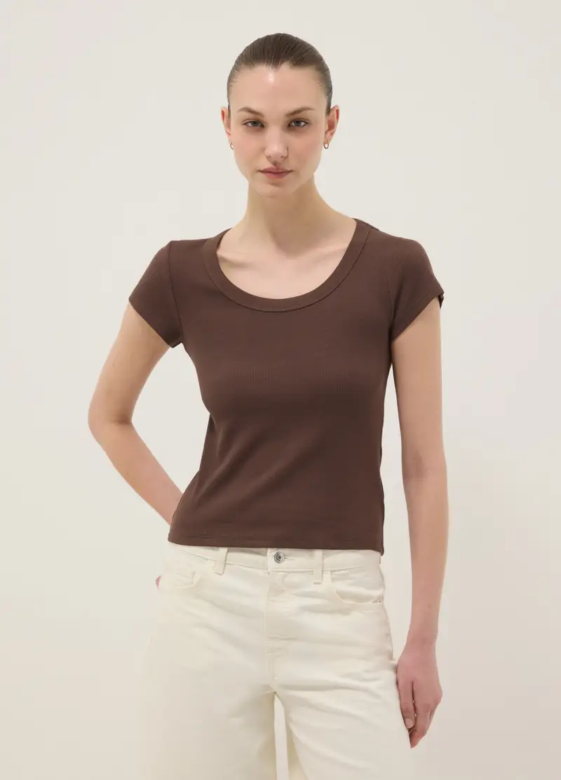 T-shirt Fitted A Maniche Corte In Cotone Elasticizzato Marrone, Donna, Marrone miniatura 3
