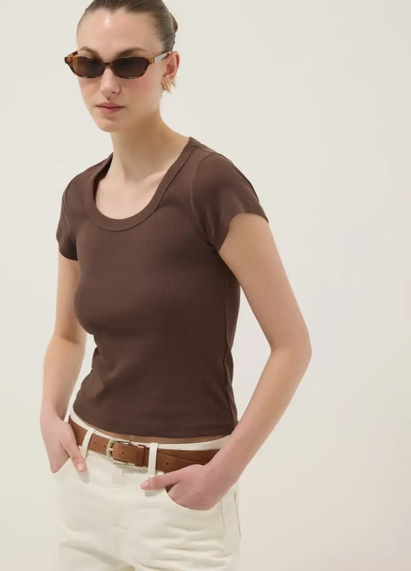 T-shirt Fitted A Maniche Corte In Cotone Elasticizzato Marrone, Donna, Marrone