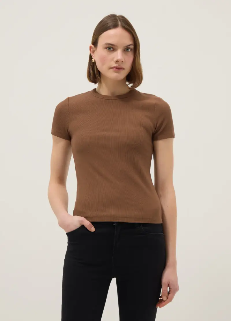 T-shirt Fitted A Maniche Corte In Cotone Elasticizzato Marrone, Donna, Marrone