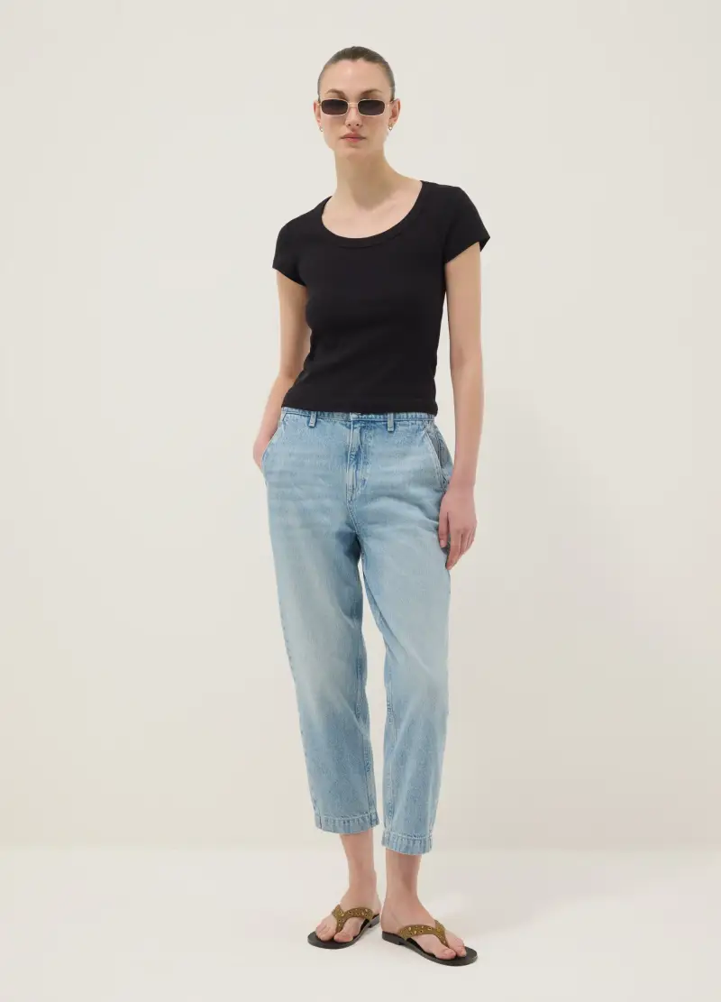 T-shirt Fitted A Maniche Corte In Cotone Elasticizzato Nera, Donna, Nero miniatura 2