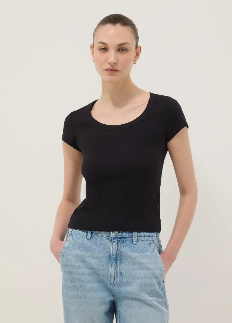 T-shirt Fitted A Maniche Corte In Cotone Elasticizzato Nera, Donna, Nero miniatura 3