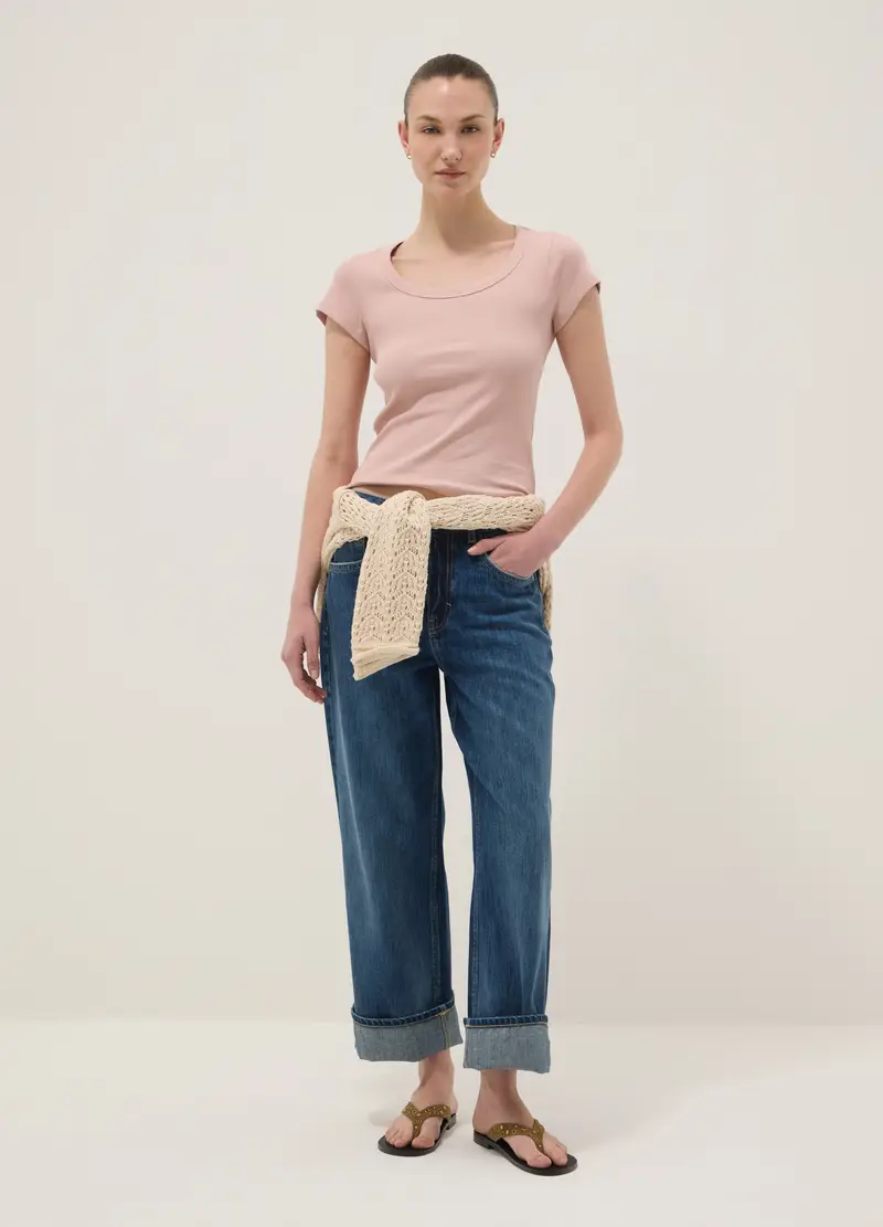 T-shirt Fitted A Maniche Corte In Cotone Elasticizzato Rosa, Donna, Rosa miniatura 2