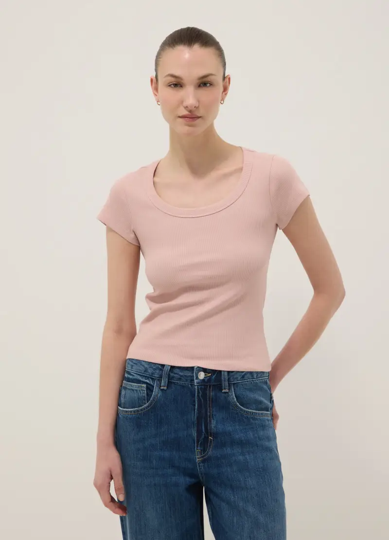 T-shirt Fitted A Maniche Corte In Cotone Elasticizzato Rosa, Donna, Rosa miniatura 3