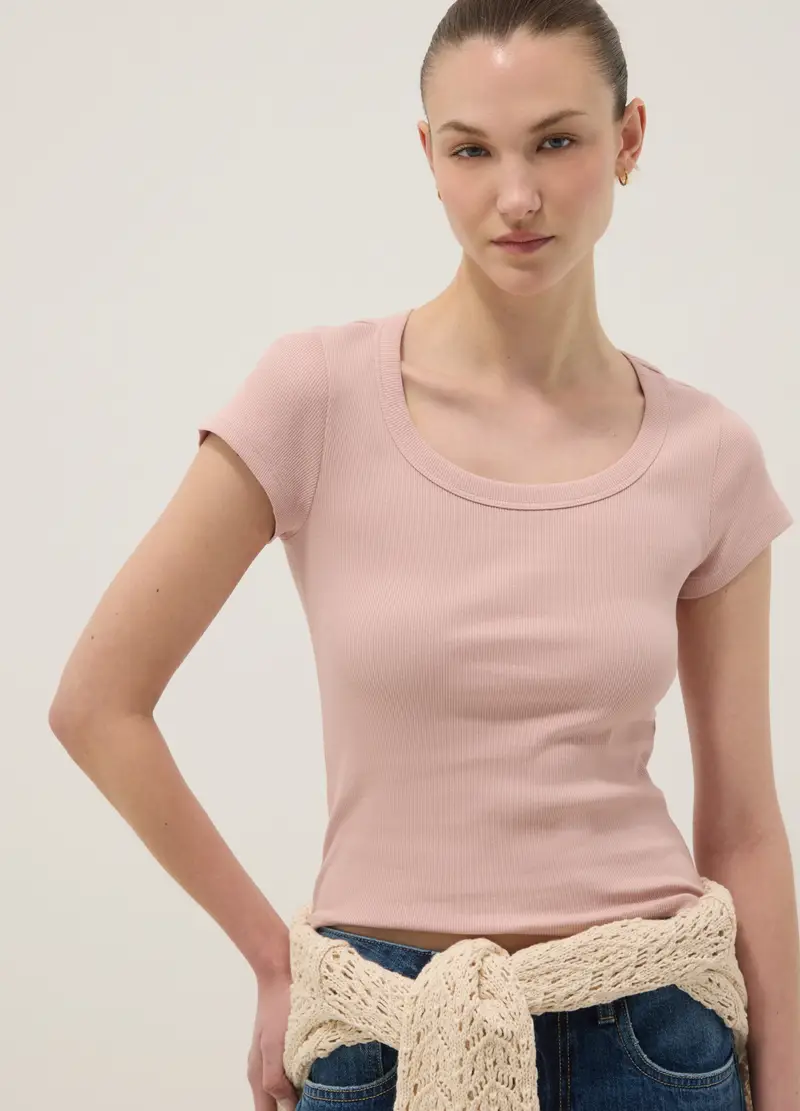 T-shirt Fitted A Maniche Corte In Cotone Elasticizzato Rosa, Donna, Rosa