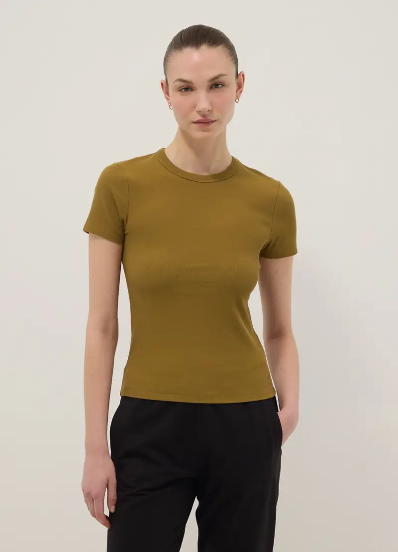 T-shirt Fitted A Maniche Corte In Cotone Elasticizzato Verde, Donna, Verde miniatura 3