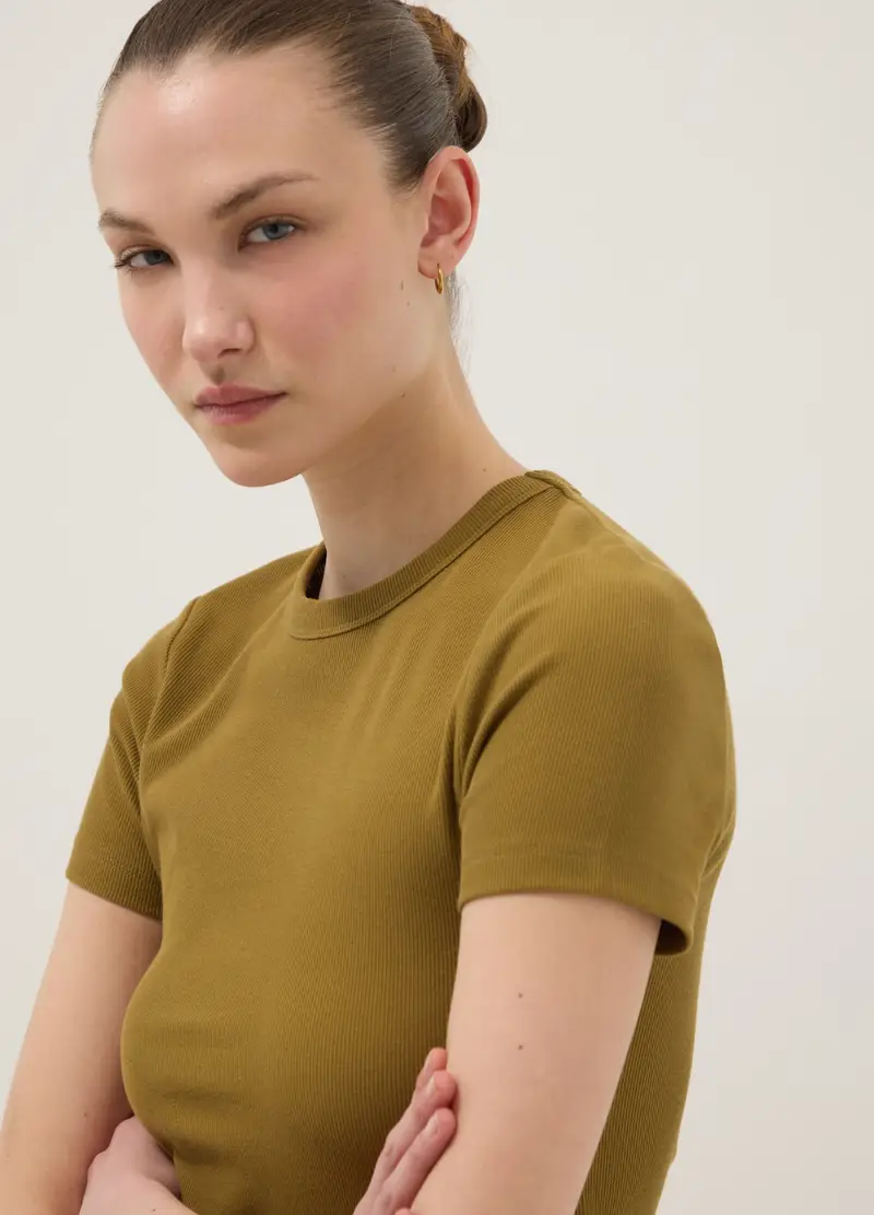 T-shirt Fitted A Maniche Corte In Cotone Elasticizzato Verde, Donna, Verde