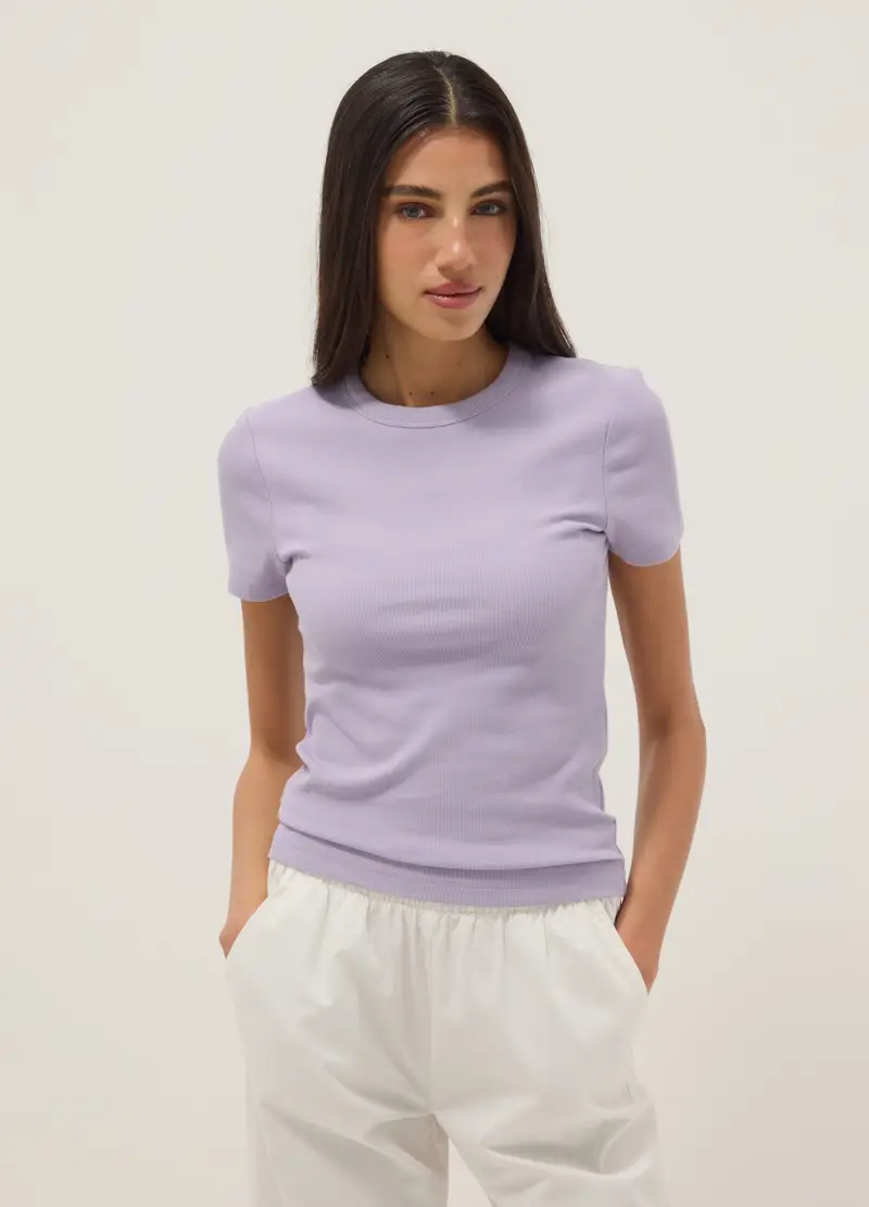 T-shirt Fitted A Maniche Corte In Cotone Elasticizzato Viola, Donna, Viola miniatura 3