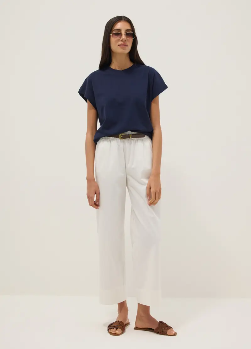 T-shirt Fitted A Maniche Corte In Puro Cotone Blu, Donna, Blu miniatura 2