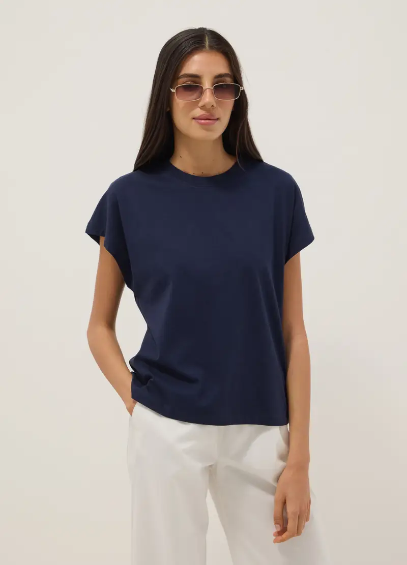 T-shirt Fitted A Maniche Corte In Puro Cotone Blu, Donna, Blu miniatura 3