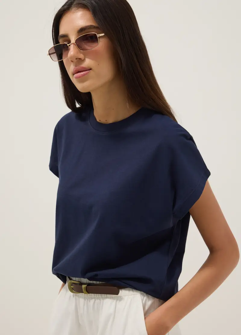 T-shirt Fitted A Maniche Corte In Puro Cotone Blu, Donna, Blu
