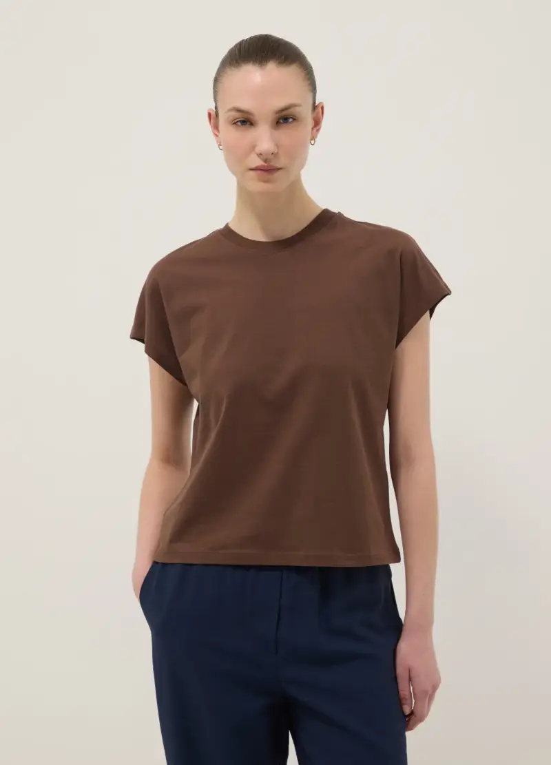 T-shirt Fitted A Maniche Corte In Puro Cotone Marrone, Donna, Marrone miniatura 3