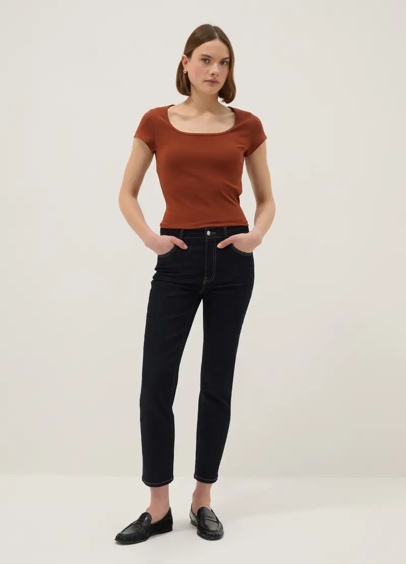 T-shirt Fitted In Cotone Elasticizzato Arancione Con Scollo Quadrato, Donna, Arancione miniatura 2