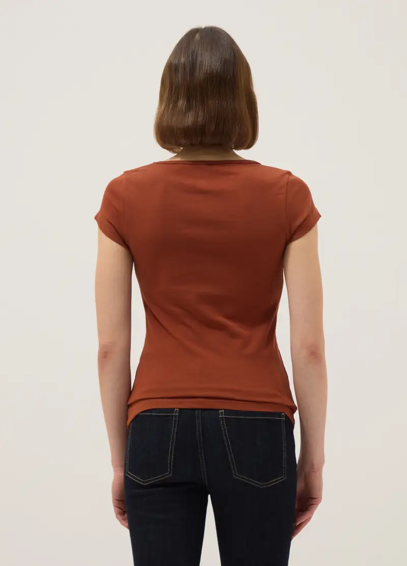 T-shirt Fitted In Cotone Elasticizzato Arancione Con Scollo Quadrato, Donna, Arancione miniatura 3