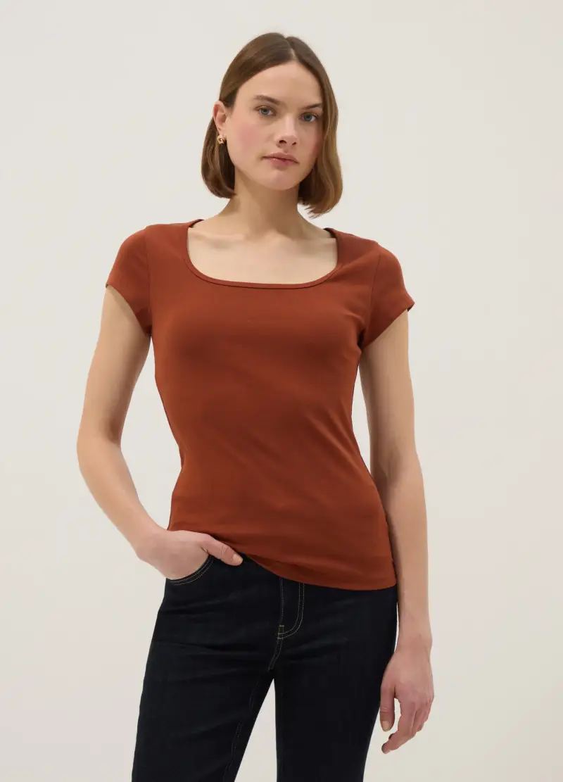 T-shirt Fitted In Cotone Elasticizzato Arancione Con Scollo Quadrato, Donna, Arancione