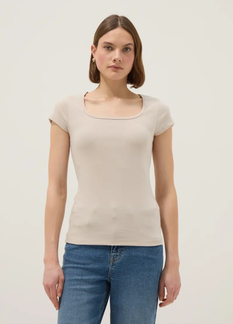 T-shirt Fitted In Cotone Elasticizzato Beige Con Scollo Quadrato, Donna, Beige miniatura 3