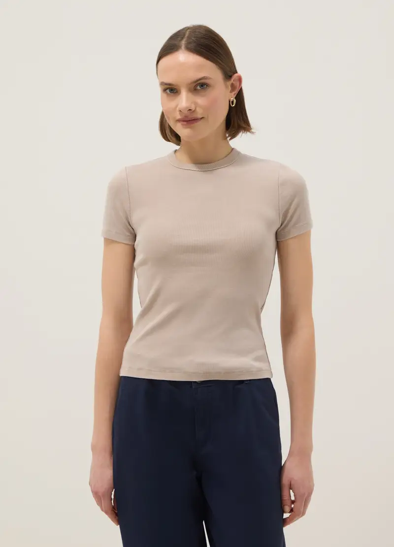 T-shirt Fitted In Cotone Elasticizzato Beige, Donna, Beige miniatura 2