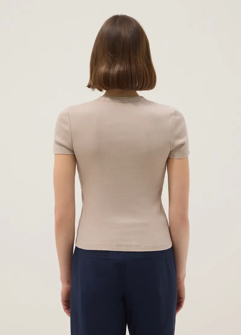 T-shirt Fitted In Cotone Elasticizzato Beige, Donna, Beige miniatura 3