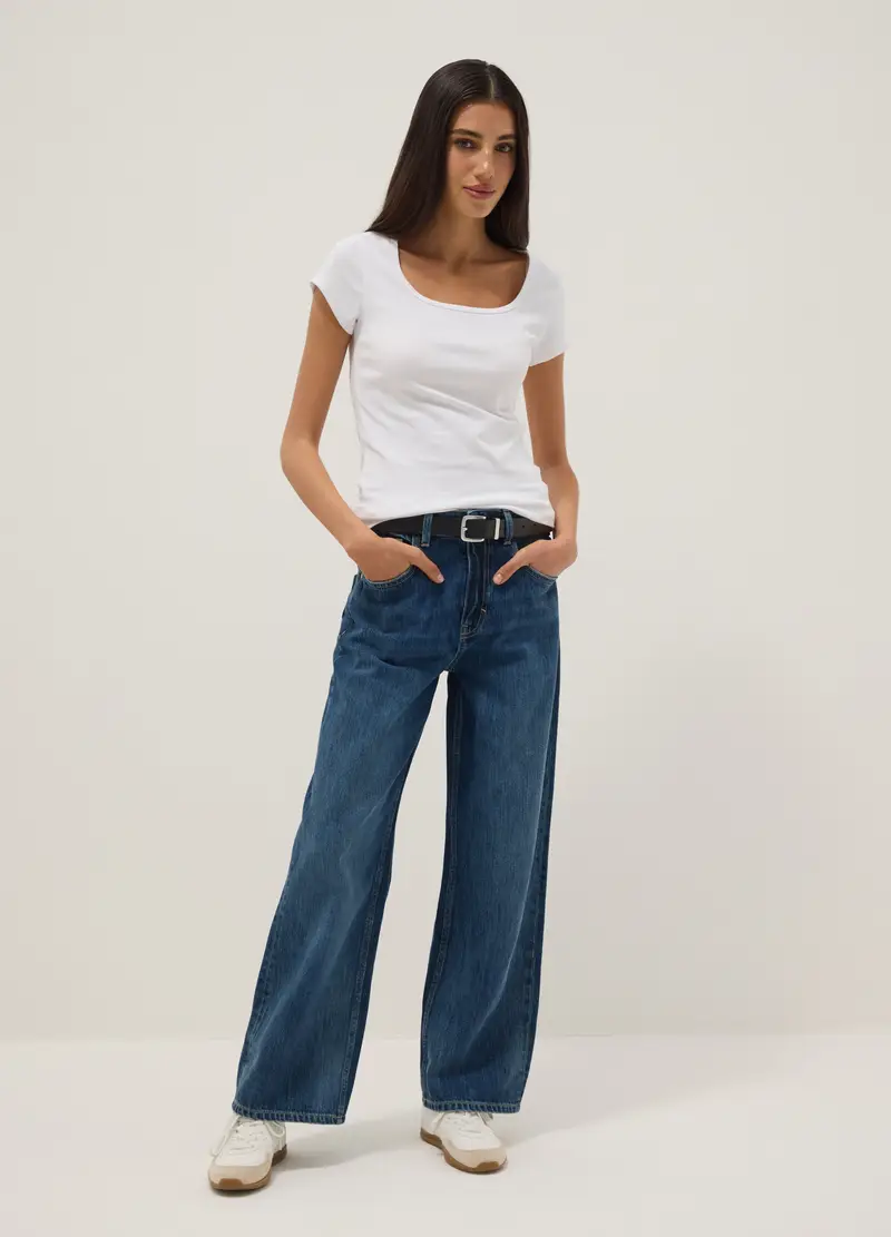 T-shirt Fitted In Cotone Elasticizzato Bianca Con Scollo Quadrato, Donna, Bianco miniatura 2