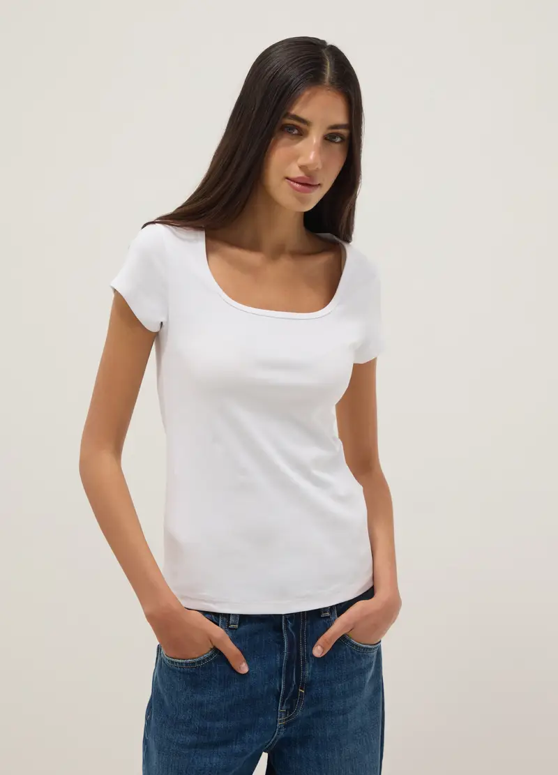 T-shirt Fitted In Cotone Elasticizzato Bianca Con Scollo Quadrato, Donna, Bianco miniatura 3