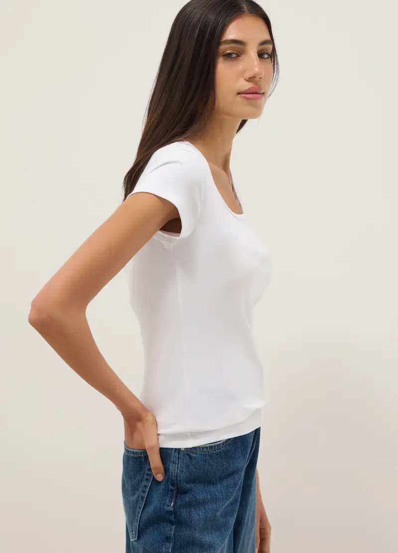 T-shirt Fitted In Cotone Elasticizzato Bianca Con Scollo Quadrato, Donna, Bianco