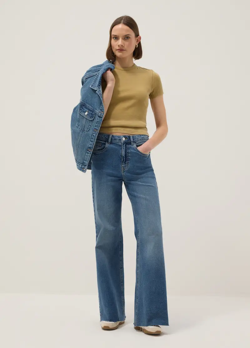 T-shirt Fitted In Cotone Elasticizzato Giallo, Donna, Giallo miniatura 3