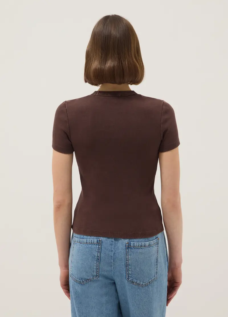 T-shirt Fitted In Cotone Elasticizzato Marrone, Donna, Marrone miniatura 3