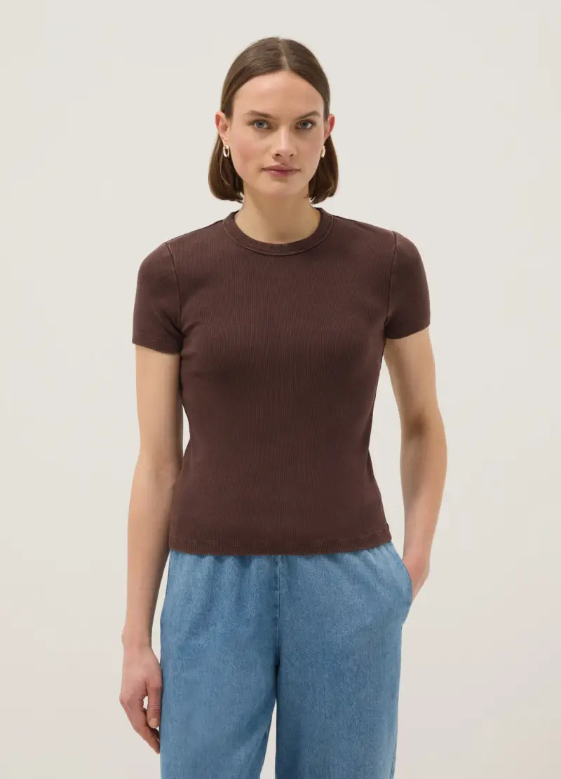 T-shirt Fitted In Cotone Elasticizzato Marrone, Donna, Marrone