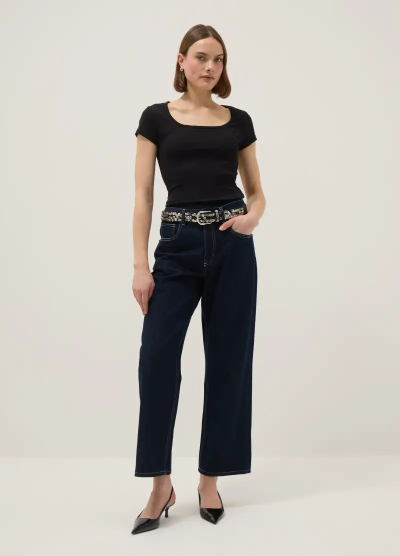 T-shirt Fitted In Cotone Elasticizzato Nera Con Scollo Quadrato, Donna, Nero miniatura 2