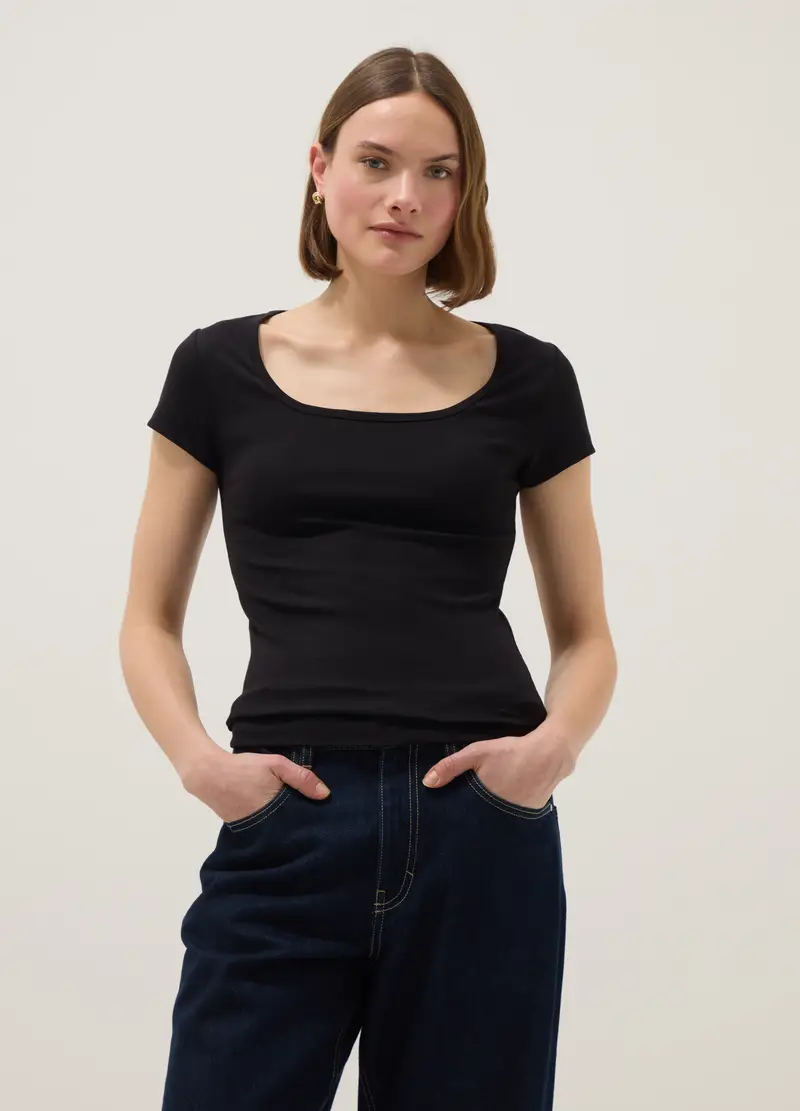T-shirt Fitted In Cotone Elasticizzato Nera Con Scollo Quadrato, Donna, Nero miniatura 3