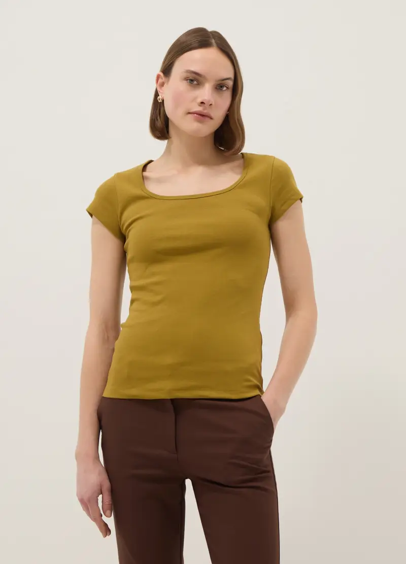 T-shirt Fitted In Cotone Elasticizzato Verde Con Scollo Quadrato, Donna, Verde miniatura 3