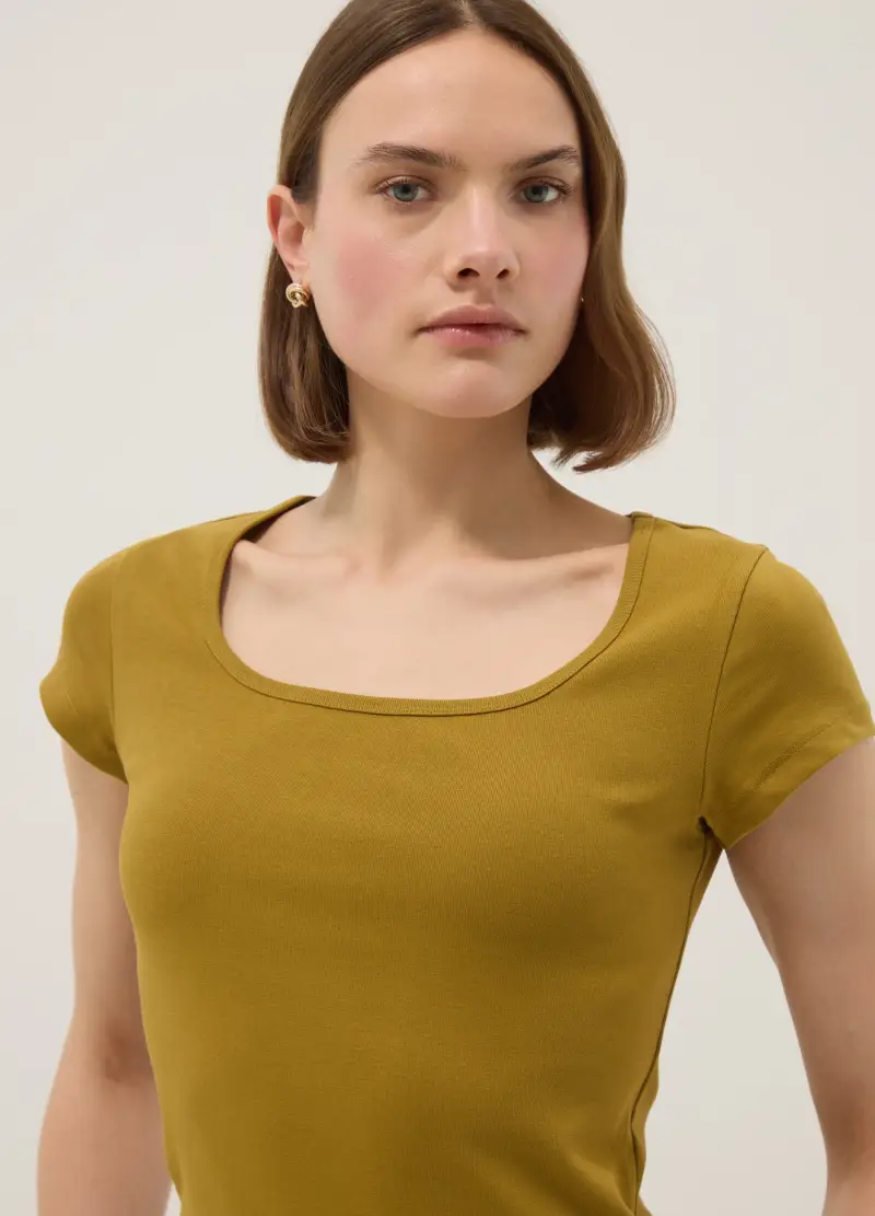 T-shirt Fitted In Cotone Elasticizzato Verde Con Scollo Quadrato, Donna, Verde