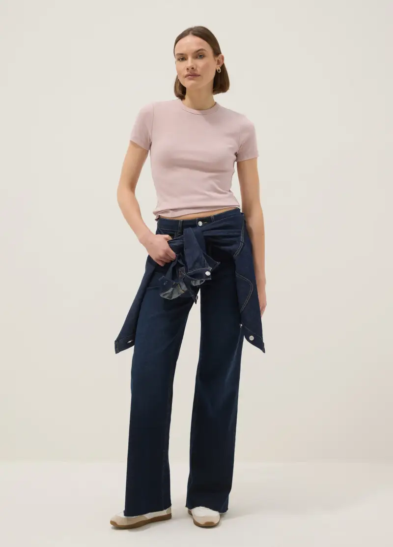 T-shirt Girocollo In Cotone Elasticizzato Rosa Slim Fit, Donna, Rosa miniatura 2