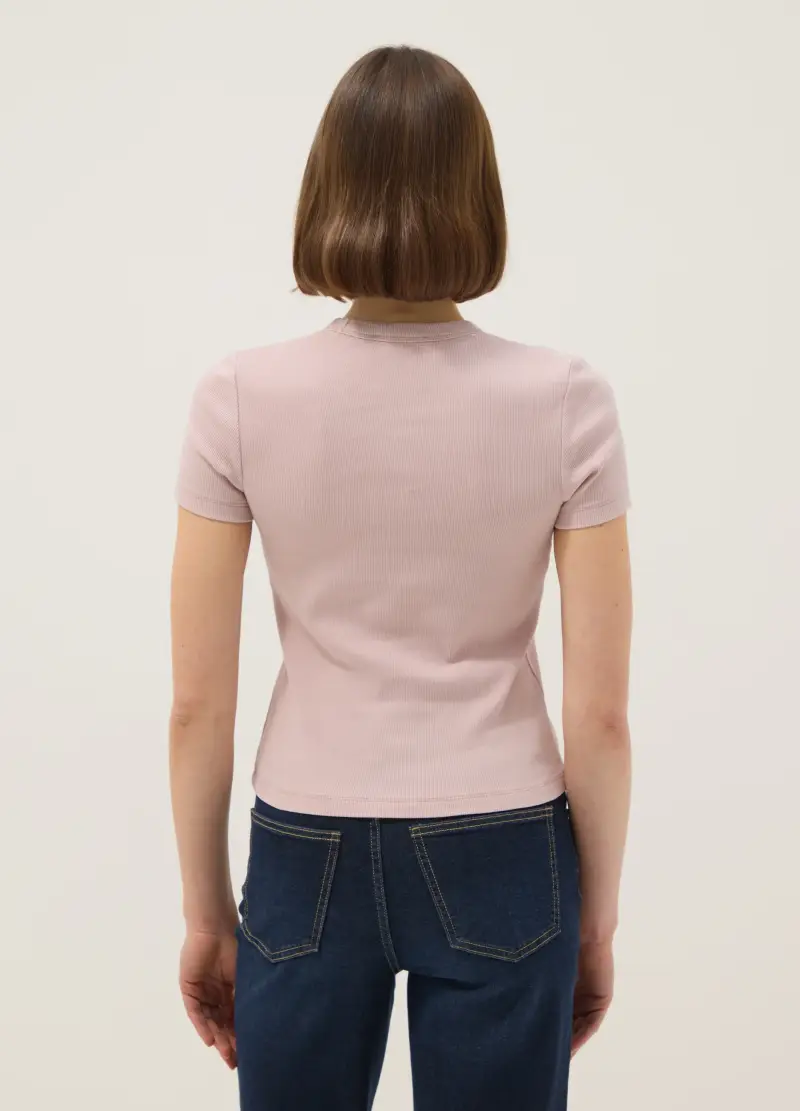 T-shirt Girocollo In Cotone Elasticizzato Rosa Slim Fit, Donna, Rosa miniatura 3