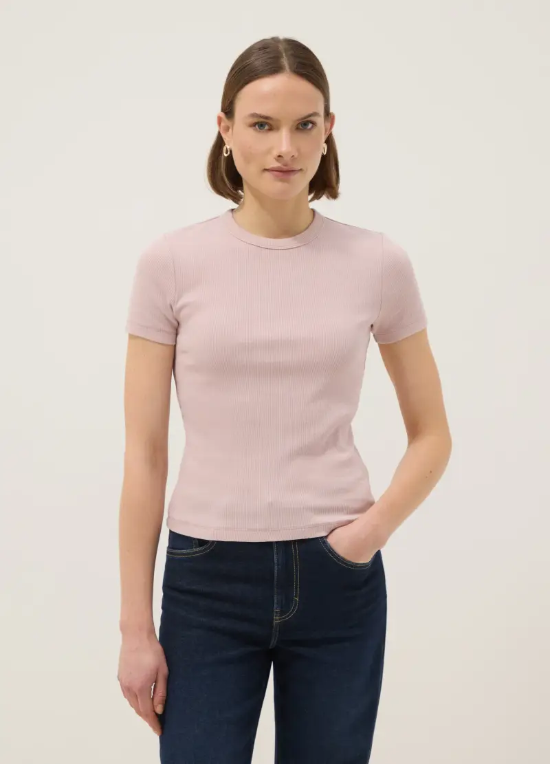 T-shirt Girocollo In Cotone Elasticizzato Rosa Slim Fit, Donna, Rosa