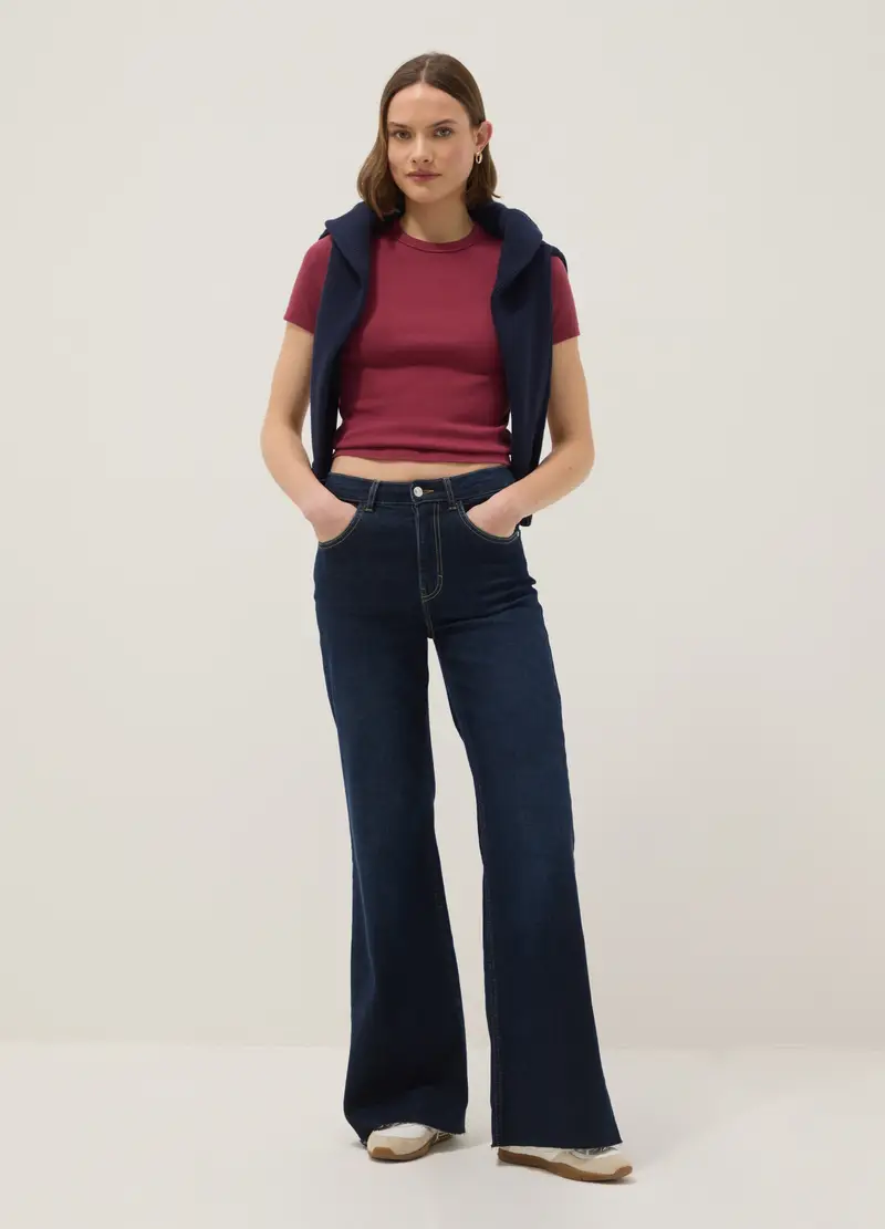 T-shirt Girocollo In Cotone Elasticizzato Rossa Slim Fit, Donna, Rosso miniatura 2