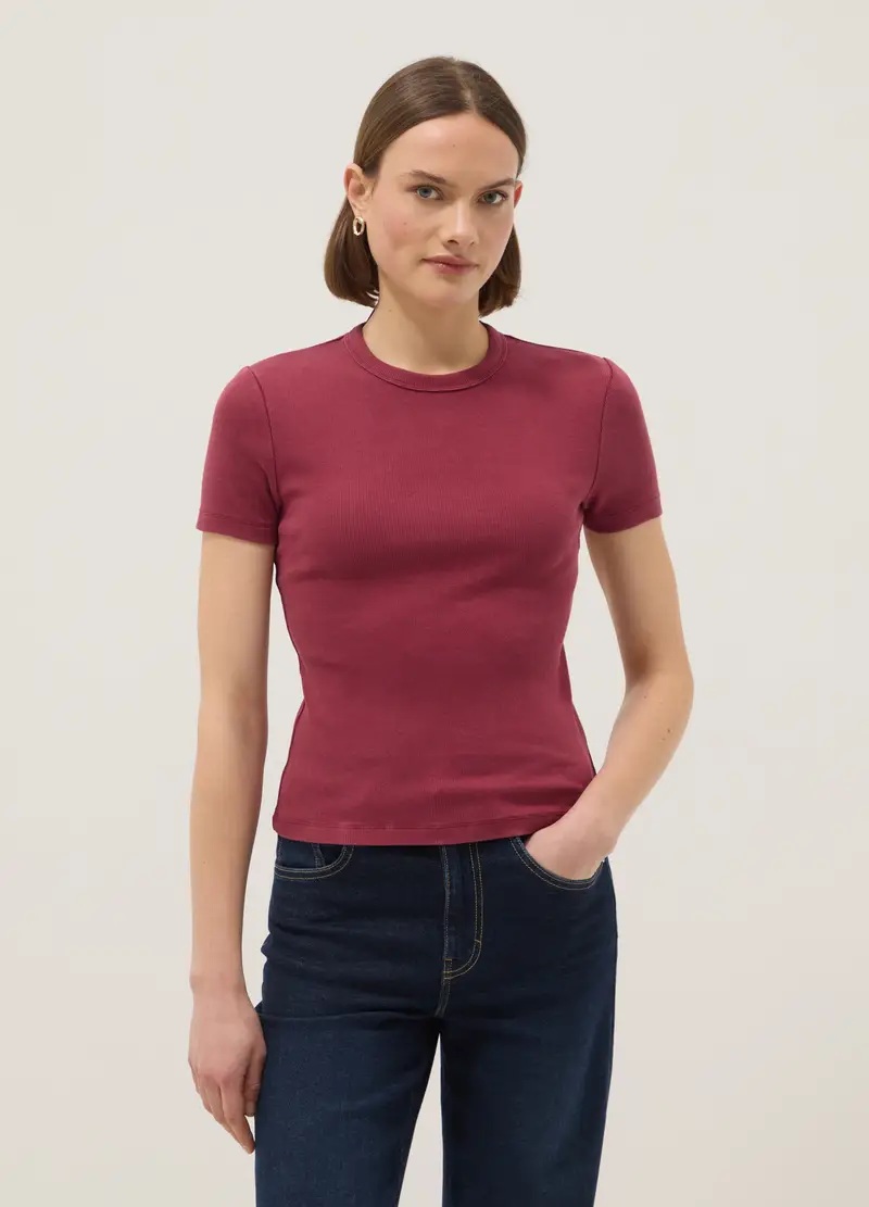 T-shirt Girocollo In Cotone Elasticizzato Rossa Slim Fit, Donna, Rosso