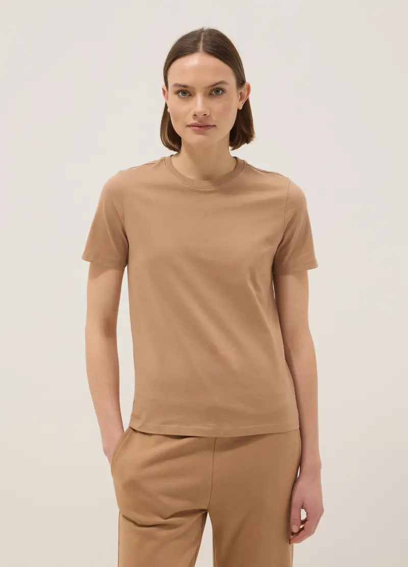 T-shirt Girocollo In Puro Cotone Marrone Regular Fit, Donna, Marrone