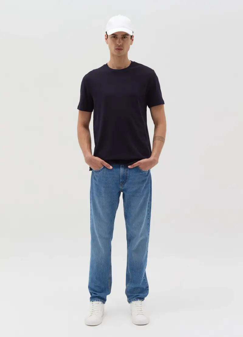 T-shirt In Cotone Con Scollo Rotondo, Uomo, Blu