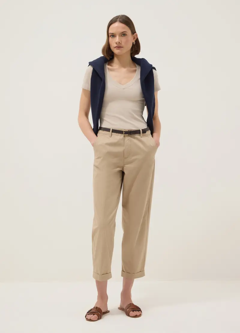 T-shirt In Cotone Elasticizzato Beige Regular Fit Deep V, Donna, Beige