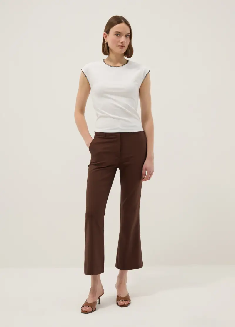 T-shirt In Cotone Elasticizzato Bianca Regular Fit Con Cuciture, Donna, Bianco miniatura 2